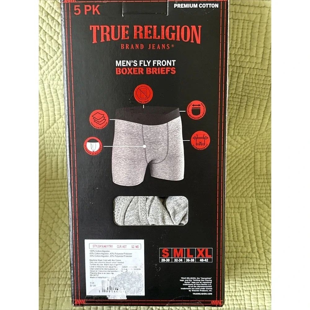 True Religion Men's Boxer Briefs 5 Pack Size M 32-34 Premium Cotton Fly Front